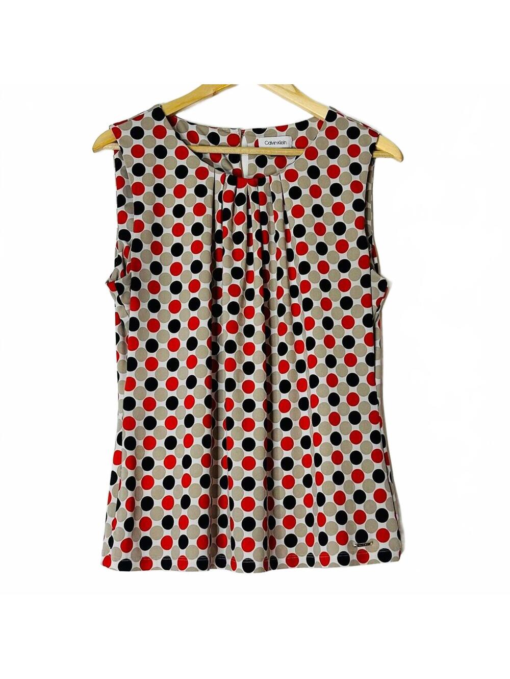 Calvin Klein Multicolor Polka Dot Sleeveless Top Size XL Back Zip Stretch